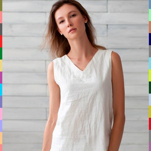 V-Neck Linen Top. White Flax Top. Linen T-Shirt. White Linen Tank. Basic Linen Top. 100% Pure Linen (Italy)