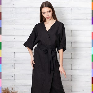 Black Dress. V Neck Dress. Maxi Wrap Dress. Long Elegant Dress. Dress V Neck. Black Wrap Dress. Kimono Dress. 100% Pure Linen (Italy)