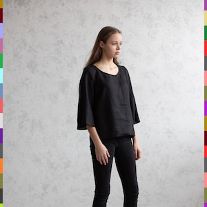 Black Linen Top. Linen T-Shirt. Flax Blouses. Linen Tunic. Black Linen Tee. Basic Linen Tops. Simple Linen Top. 100% Pure Linen (Italy)