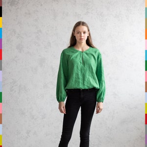 Green Linen Top. Long Sleeve Tops. Flax Blouse. Linen Tunic. 100% Pure Linen (Italy)