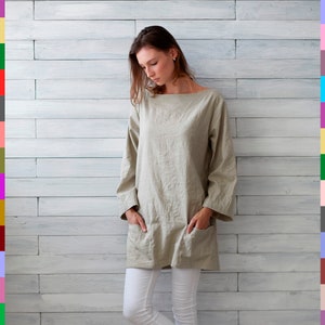 Oversized Linen Top. Flax Tunic Dress. Linen Top With Poklets. 100% Pure Linen (Italy)