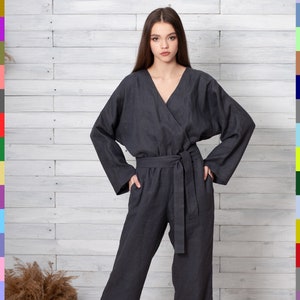 Grey Linen Jumpsuit. Flax Jumpsuit. Gray Linen Romper. Kimono Jumper. Long Sleeve Dungaree. 100% Pure Linen (Italy)