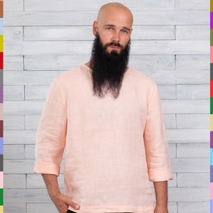 100% pure linen (Italy). Linen men long sleeve shirt. Flax man top. Linen boy shirt. Salmon men top. Italian linen.