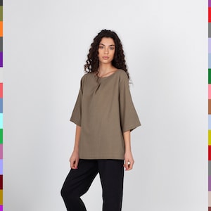 Linen T-Shirt - Linen Blouse - Linen Tunic - Flax Shirt - Soft Linen Shirt -  Eco Linen - Pure Linen - Loose Linen Blouse - Khaki Linen Top