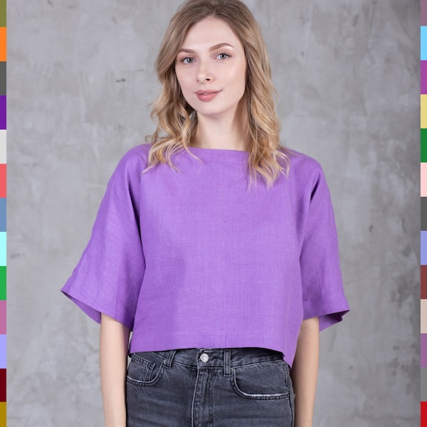 Purple O-Neck Solid Linen Shirts Summer main image 0