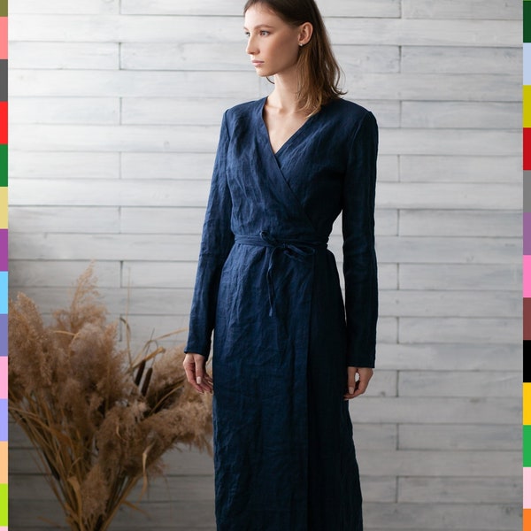 Navy Blue Dress. Flax Wrap Dress. Summer Dress. Maxi Flax Dress. 100% Pure Linen (Italy)