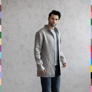 100% pure linen (Italy). Linen double-sided men coat. Flax double-faced man jacket. Linen boy robe. Italian linen.