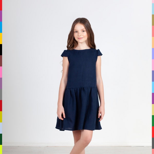 Navy Blue Dress. Flutter Sleeve Dress. Summer Girls Dress. Dress With Flounces. Kids Linen Clothing. 100% Pure Linen (Italy).