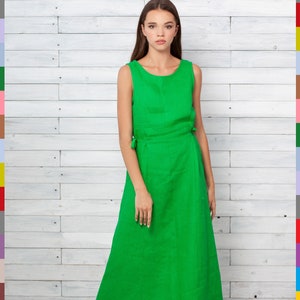 Green Linen Dress. Maxi Flax Dress. Sleeveless Dress. Summer Dress. 100% Pure Linen (Italy)