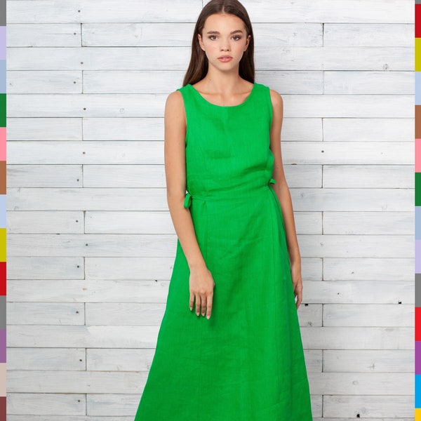 Green Linen Dress. Maxi Flax Dress. Sleeveless Dress. Summer Dress. 100% Pure Linen (Italy)