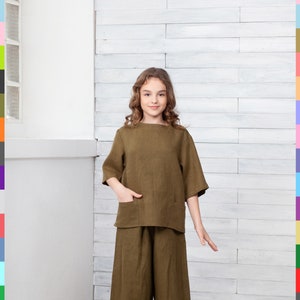 Khaki Kids Top. Girls Pocket Top. Kids Linen Clothes. Simple Kids Tunic. 100% Pure Linen Italy. image 1