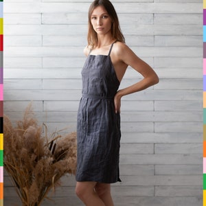 Grey Linen Dress. Wrap Flax Dress. Summer Linen Tunic. Cross Back Dress. 100% Pure Linen (Italy)