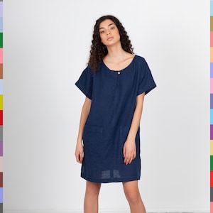 Navy Linen Tunic. Linen Top Dress. Blue Tunic Dress. Dress With Pockets. Linen Shirt Dress. 100% Pure Linen Italy image 1