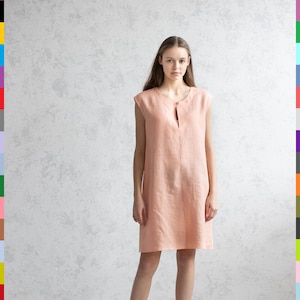 Pink Linen Dress. Midi Flax Dress. Smock Linen Dress. Sleeveless Dress. Salmon Dress. 100% Pure Linen (Italy)
