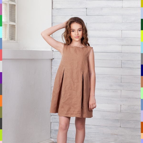 Spring Kids Dress. Brown Girls Dress. Minimalist Kids Dress. Simple Girls Gown. Sleeveless Smock Dress. 100% pure linen (Italy)