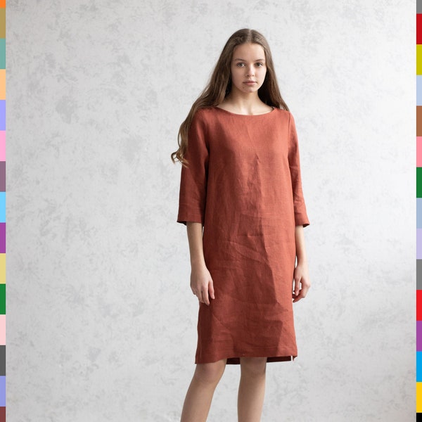 Terracotta Dress. Simple Linen Dress. Orange Dress. Midi Dress. Going Out Dress. Smock Linen Dress. 100% Pure Linen (Italy)