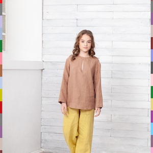 Brown Kids Shirt. Kids Flax Tunic. Simple Kids Blouse. Long Sleeve Shirt. 100% Pure Linen Italy zdjęcie 1