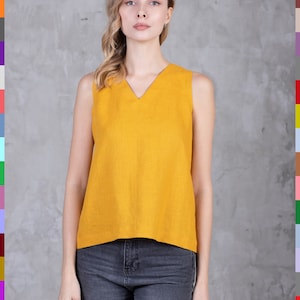 Simple Women Top. V-Neck Linen Top. Gold Flax Top. Linen T-Shirt. Gold Linen Tank. Basic Linen Top. 100% Pure Linen (Italy)