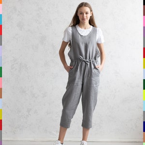 Soft Italian Linen Jumpsuit – Double Stonewashed, OEKO TEX Certified Gray Linen Clothes