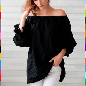 Black Linen Top. Off The Shoulder Top. Flax Blouse. Linen Tunic. 100% Pure Linen (Italy)