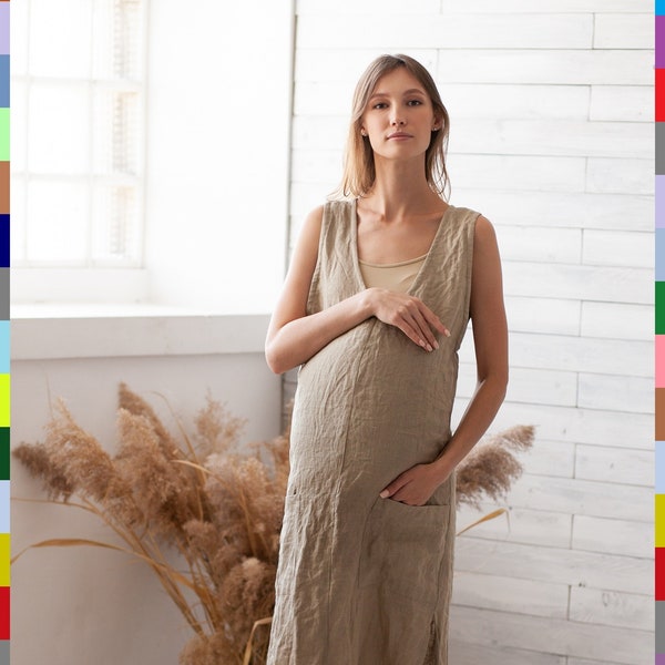 Preggers Dress. Pregnancy Dress. Smock Linen Dress. Flax Beige Dress. Linen Tunic. Loose Linen Dress. 100% Pure Linen (Italy)