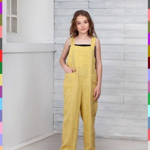 Yellow Kids Romper. Girls Overall. Childrens Jumpsuit. Unisex Kids Romper. 100% Pure Linen (Italy).