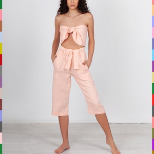 Pantaloncini di lino rosa. Pantaloncini lunghi. Capris di lino. Pantaloncini a vita alta. Capris da donna. Capris estivi. Capris color salmone. 100% puro lino (Italia)