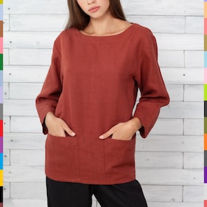 Terracotta Flax Top. Boxy Flax Shirt. Flax Top With Pockets. Simple Blouse. Loose Linen Shirt. 100% Pure Linen (Italy)