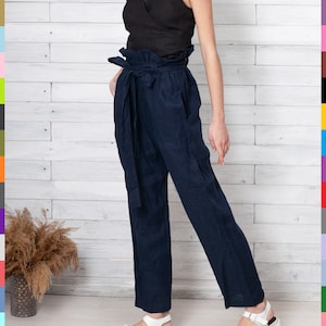 Pantaloni a vita alta. Pantaloni a sacco. Pantaloni da donna blu navy. Pantaloni casual da donna. Pantaloni da cocktail. Pantaloni da ufficio da donna. 100% puro lino (Italia).