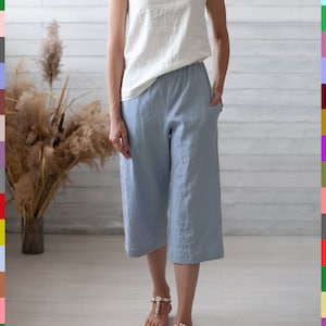 Blue Linen Capri. Сulottes Linen Pants. Natural Flax Pants. Loose Linen Pants. Wide Pants. Blue Trousers. 100% Pure Linen (Italy)