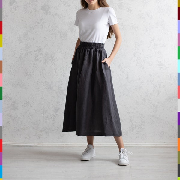 Elastic Waist Skirt. Elastic Skirt. Huge Linen Skirt. Waistband Skirt. Gray Linen Skirt. 100% Pure Linen (Italy)