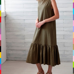 Khaki Linen Dress. Smock Flax Dress. Linen Loose Dress. Sleeveless Dress. 100% Pure Linen (Italy)