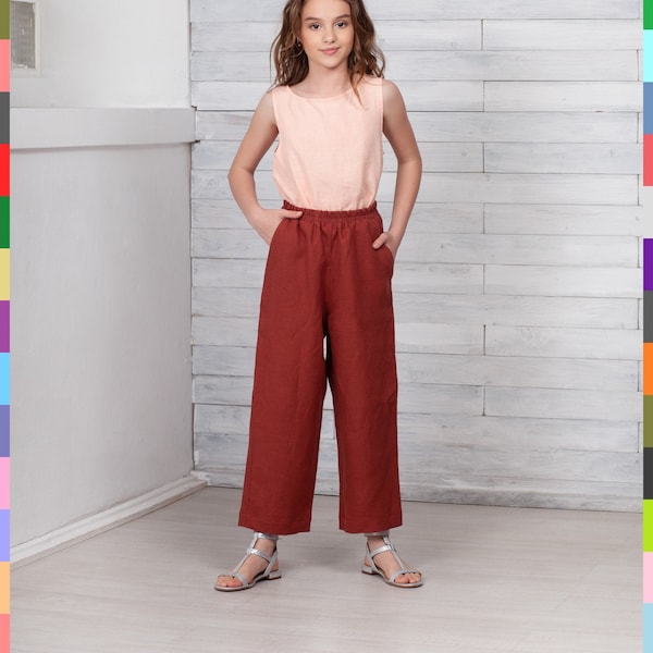 Terracotta Kids Pants. Girls Flax Trousers. Straight Kids Trousers. Simple Kids Pants. 100% Pure Linen (Italy)