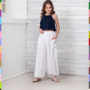 Pantalones de yoga para niños. Pantalones blancos para niñas. Pantalones unisex para niños. Pantalones de verano para niños. 100 % lino puro (Italia).
