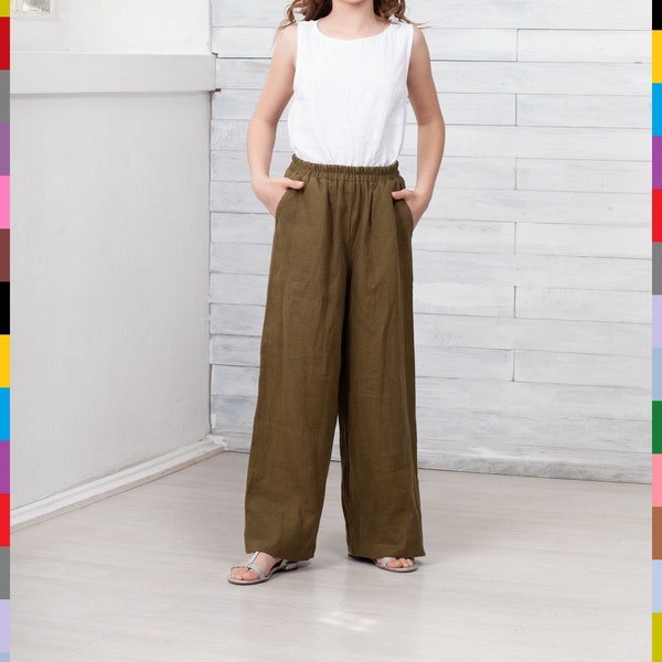 Kids Palazzo. Khaki Girls Pants. Wide Teen Pants. Kids Trousers. 100% Pure Linen (Italy)