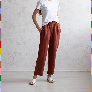 Rust linen trousers on sale