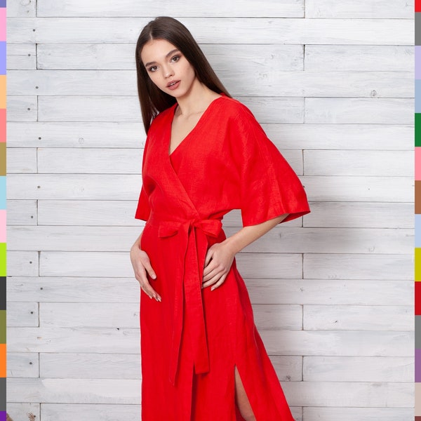 Red Dress. Red Linen Dress. Wrap Linen Dress. Wrap Dress. Elegant Linen Dress. Linen Clothing. Kimono Dress. 100% Pure Linen (Italy)