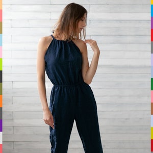 Strap Linen Jumpsuit. Linen Overalls. Women Casual Jumpsuit. Navy Linen Dungarees. 100% Pure Linen (Italy)