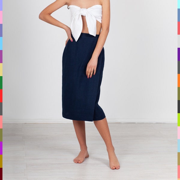 Navy Linen Skirt. Wrap Flax Skirt. Linen Midi Skirt. 100% Pure Linen (Italy)