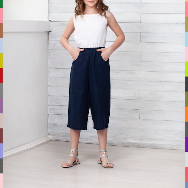 Capri bleu marine pour enfant. Pantalons d'été pour adolescents. Shorts pour enfants. Capri avec poches. 100 % pur lin (Italie)