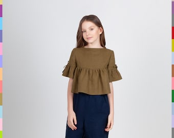 Top caqui para niños. Top con bolsillo para niñas. Ropa de lino para niños. Túnica sencilla para niños. 100% Puro Lino (Italia).