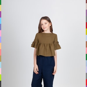 Khaki Kids Top. Girls Pocket Top. Kids Linen Clothes. Simple Kids Tunic. 100% Pure Linen Italy. image 1