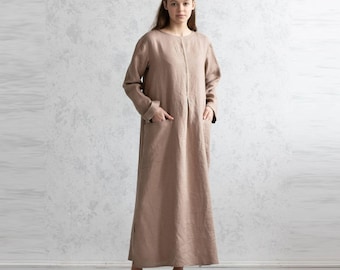 100% Italian Linen. Maxi Dress. Minimalist Dresses. Long Sleeves. Japandi Fashion. Loose Silhouette.