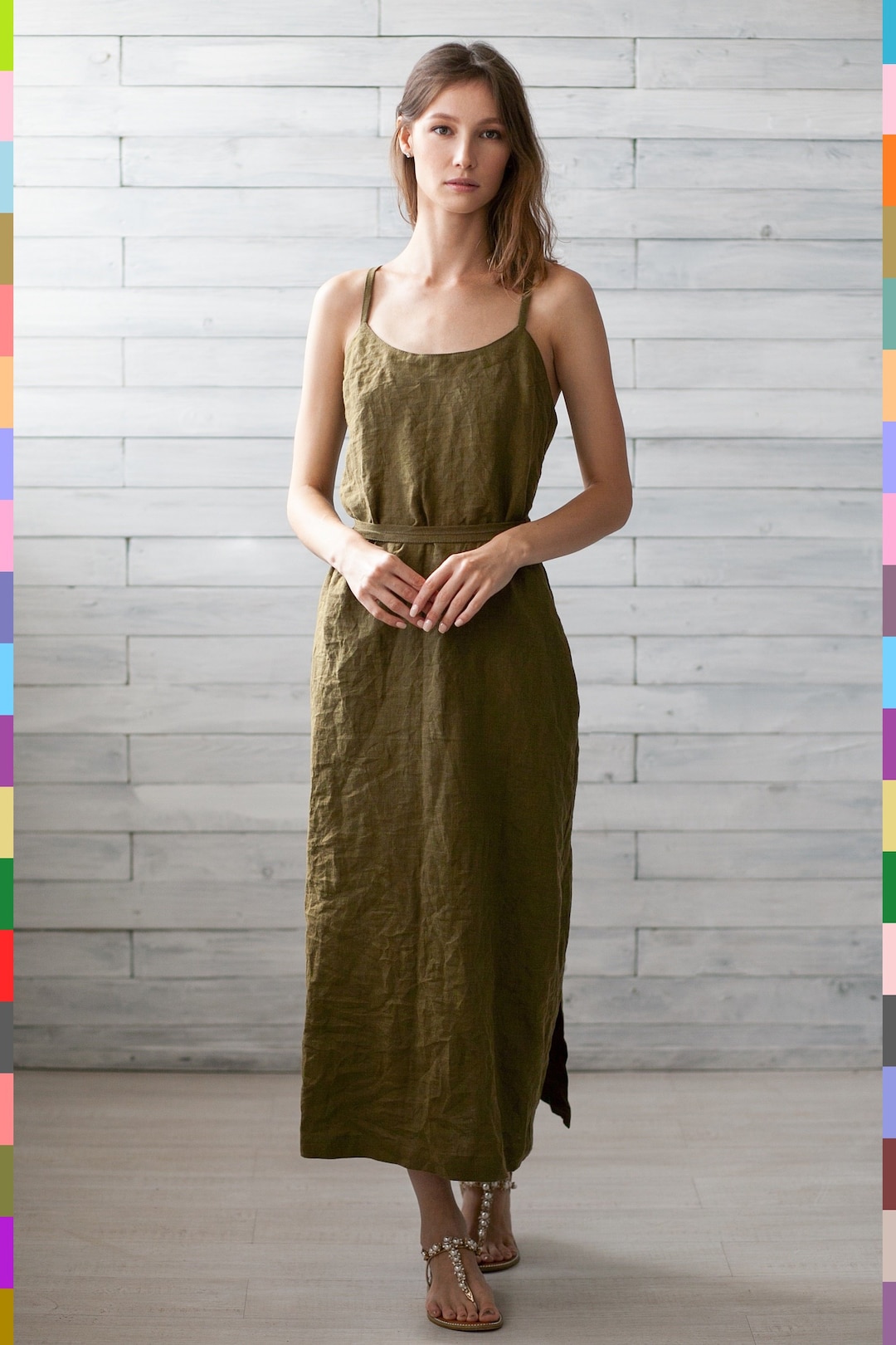 Khaki Linen Dress. Flax Apron Dress. Linen Pinafore. Maxi Linen Dress