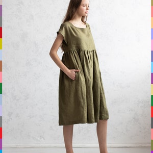 Khaki Linen Dress. Summer Dress. Linen Loose Dress. Short Sleeve Dress ...