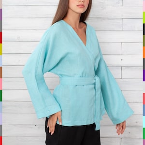 Linen Blouse. Linen Wrap Top. Linen Kimono Top. Kimono Wrap. Blue Kimono. Blue Blouse. 100% Pure Linen (Italy)