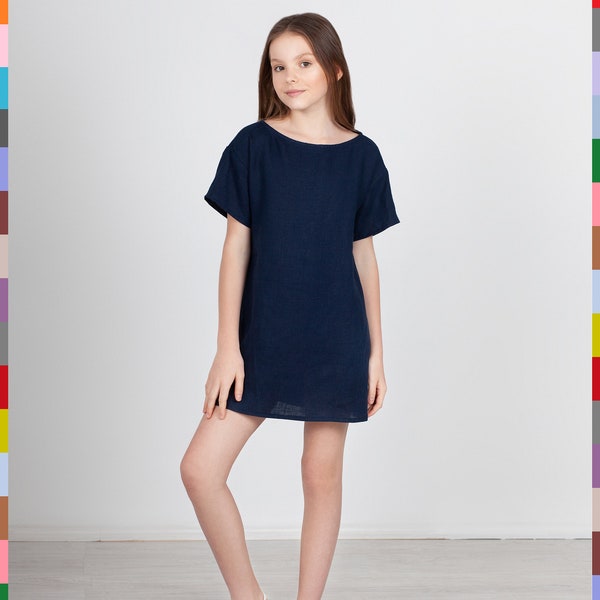 Robe bleu marine. Robe simple pour ados. Robe d'été pour fille. Robe basique pour adolescente. Robe basique pour enfants. Robe minimale. 100 % pur lin (Italie).