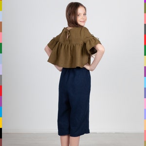 Khaki Kids Top. Girls Pocket Top. Kids Linen Clothes. Simple Kids Tunic. 100% Pure Linen Italy. image 3