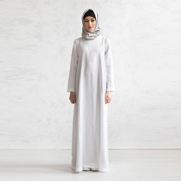 Muzułmańska suknia damska. Lniana dżalabija. Odzież islamska. Luksusowy kaftan. Lniana suknia arabska.