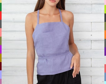 Purple Wrap Top. Front Pocket Top. Cross Back Top. Linen Tank Top. Flax Wrap Tank. 100% Pure Linen (Italy)